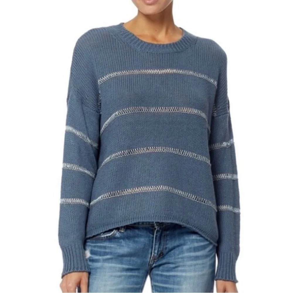 360 Sweater Simone Linen Blend Italian Yarn Sweater Blue Stripe Women’s Small